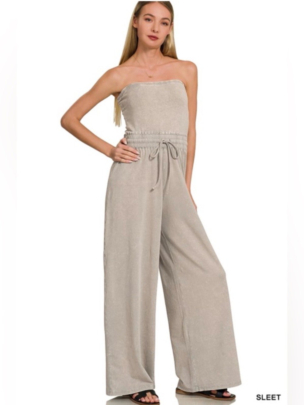 Zenana Acid Washed Stapless Tube Top Jumpsuit - Sleet